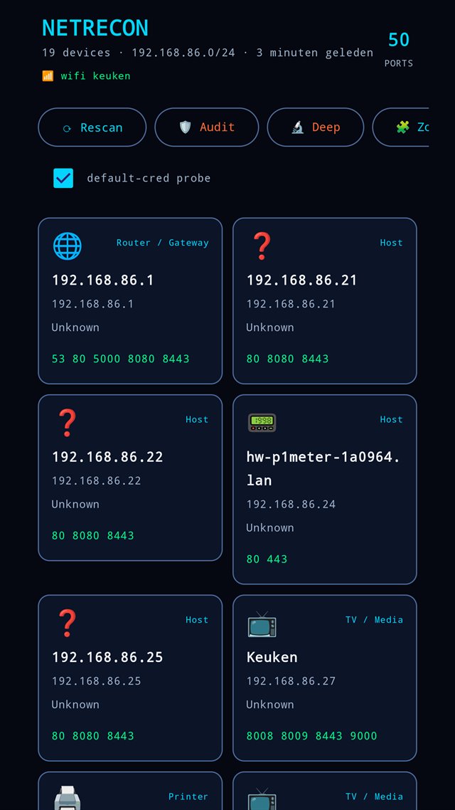 NetRecon's device list: 19 devices found on 192.168.86.0/24, each as a card showing its category, name, IP address and open ports.