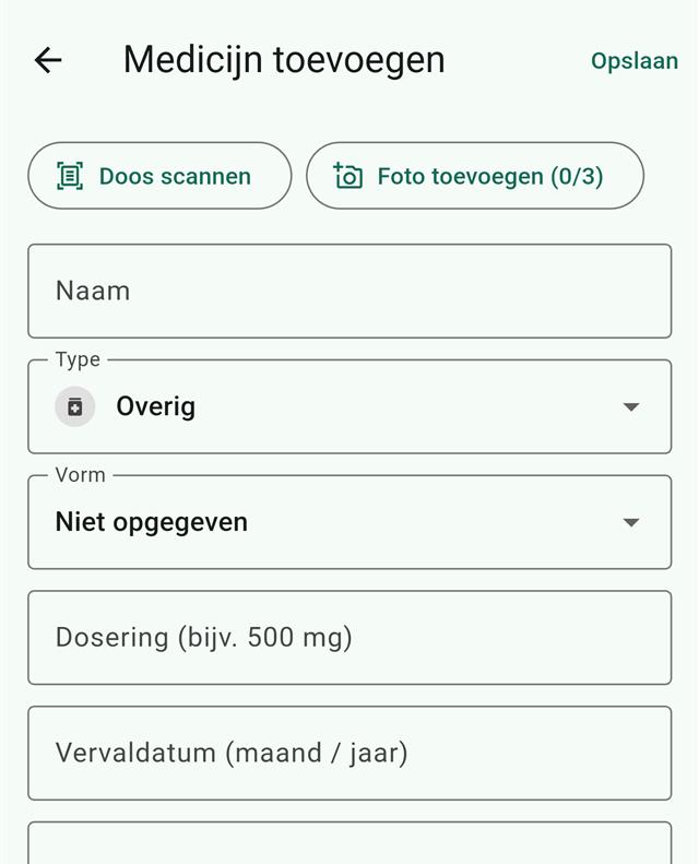 MediCab's add-medicine screen with a Scan box button, an add-photo button and fields for name, type, form, dosage and expiry date.