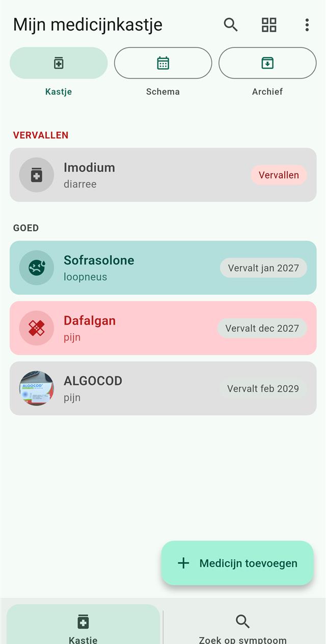 MediCab's cabinet list: medicines grouped as expired and OK, each with a coloured card, a symptom label and an expiry chip, plus an Add medicine button.
