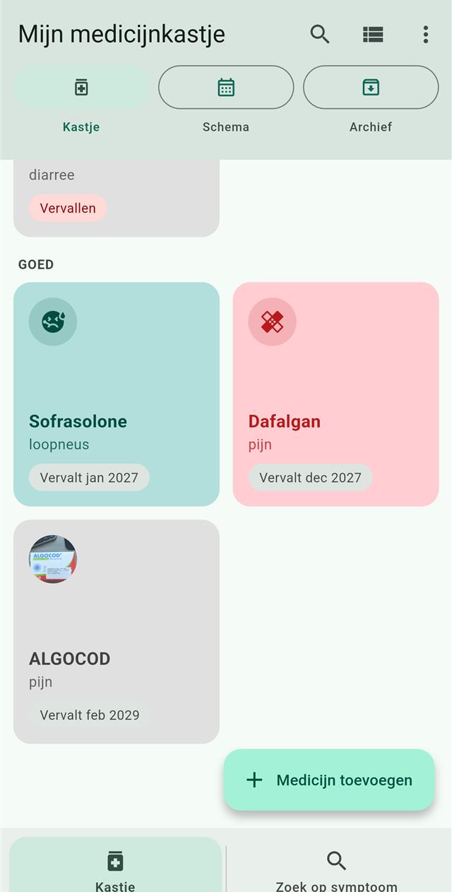 The same MediCab cabinet shown as a grid of tiles, each with its name, symptom label and expiry chip.