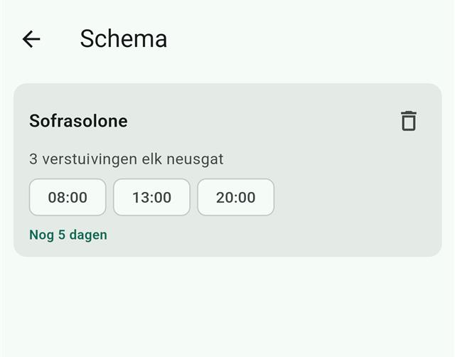 MediCab's schedule screen: one dose schedule with three reminder times at 08:00, 13:00 and 20:00 and the number of days left.