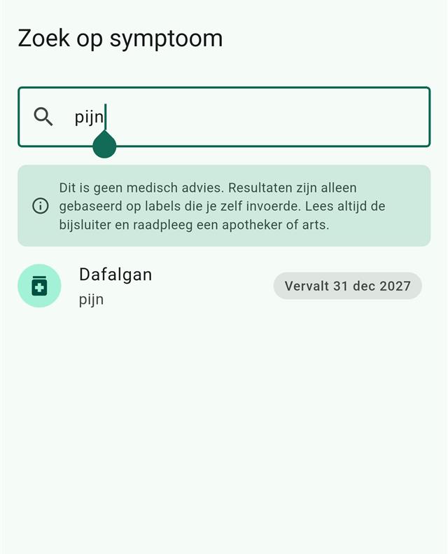 MediCab's symptom search for the label 'pijn', with a note that this is not medical advice and one matching medicine below it.