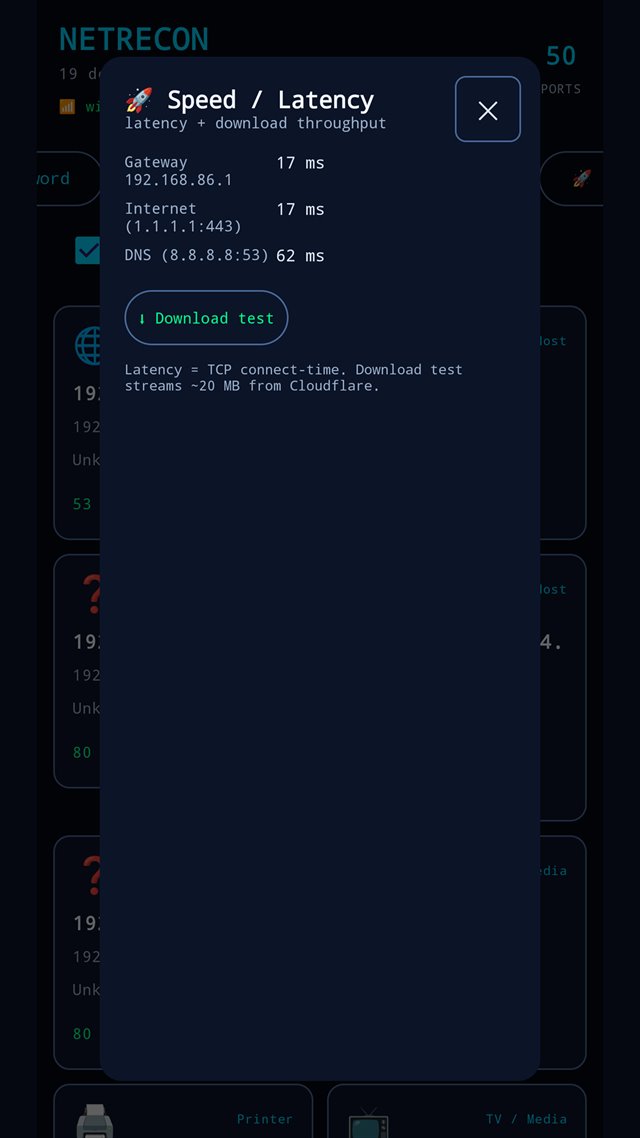 NetRecon's speed and latency panel: gateway, internet and DNS latency in milliseconds, with a download test button.